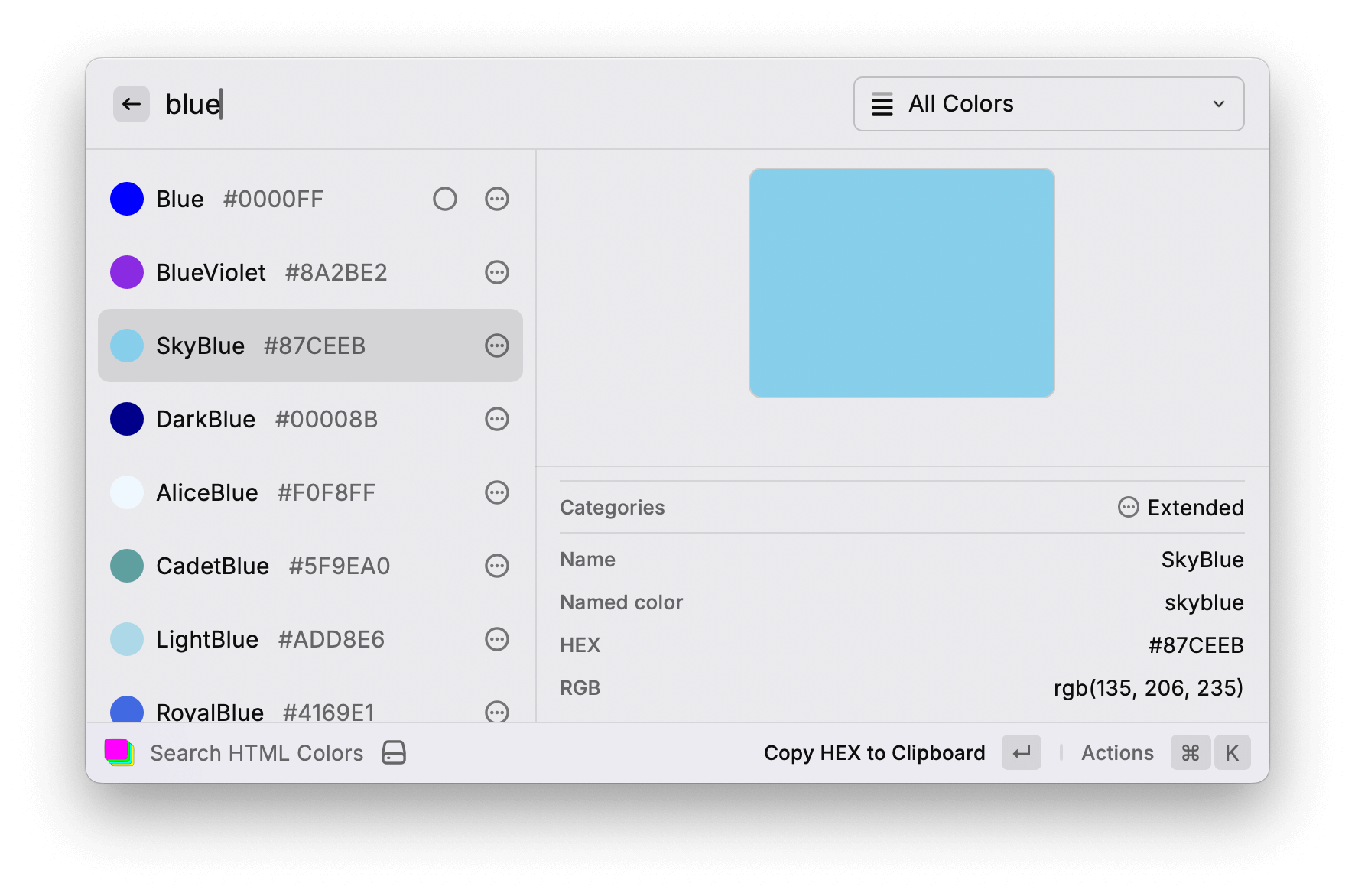 html-colors UI interface detail of colorExtension can display color metadata