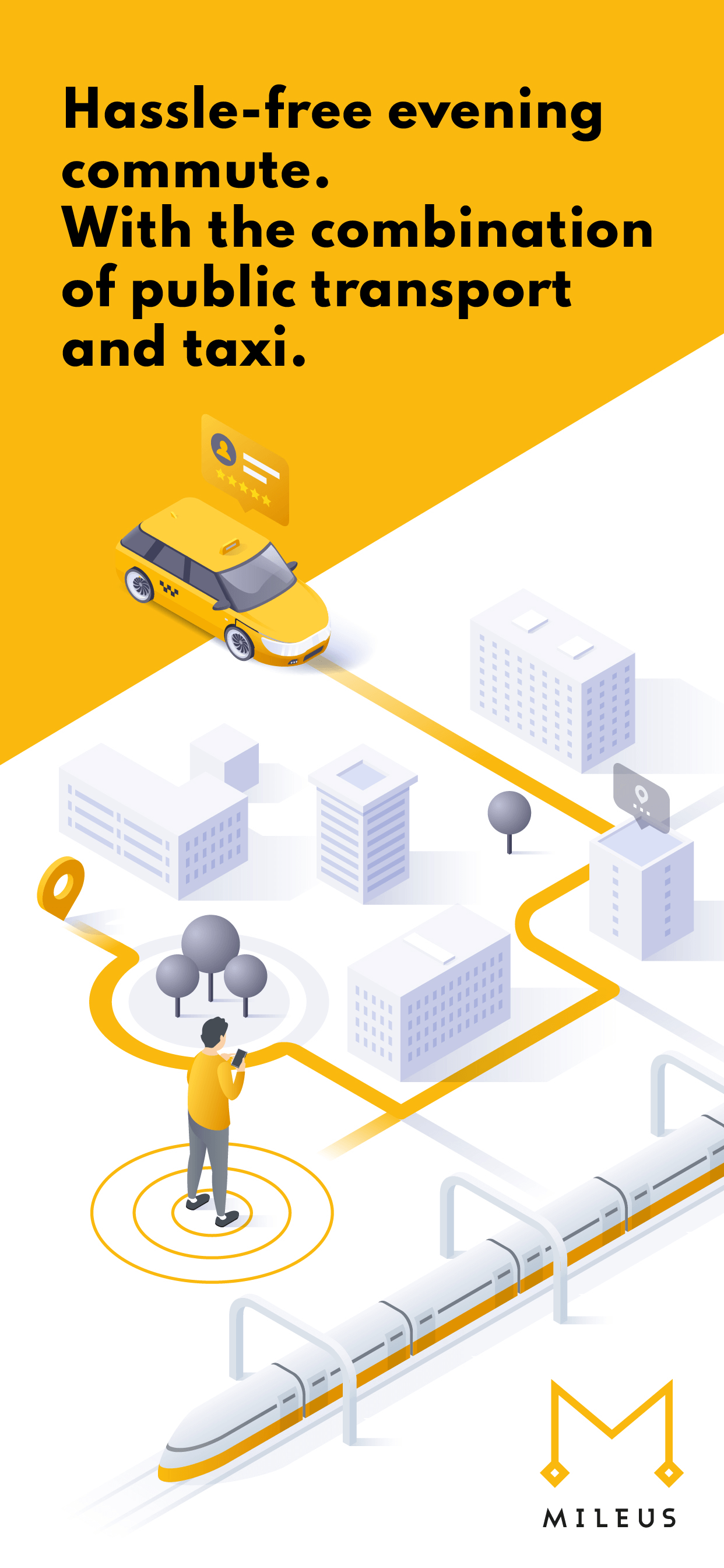 Promotional picture of Mileus app showing taxi in a city.