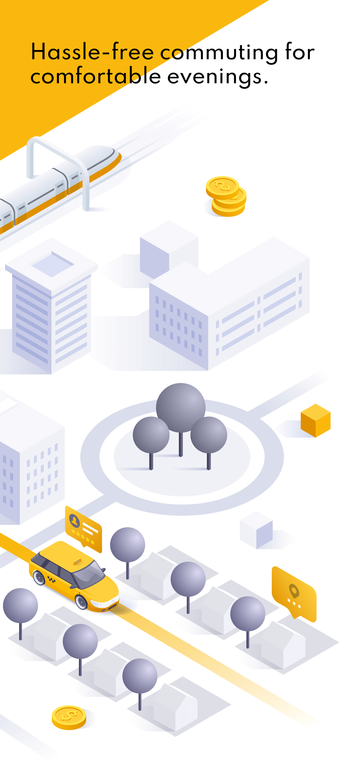 Promotional picture of Mileus service with illustration of taxi and subway amongst buildings.